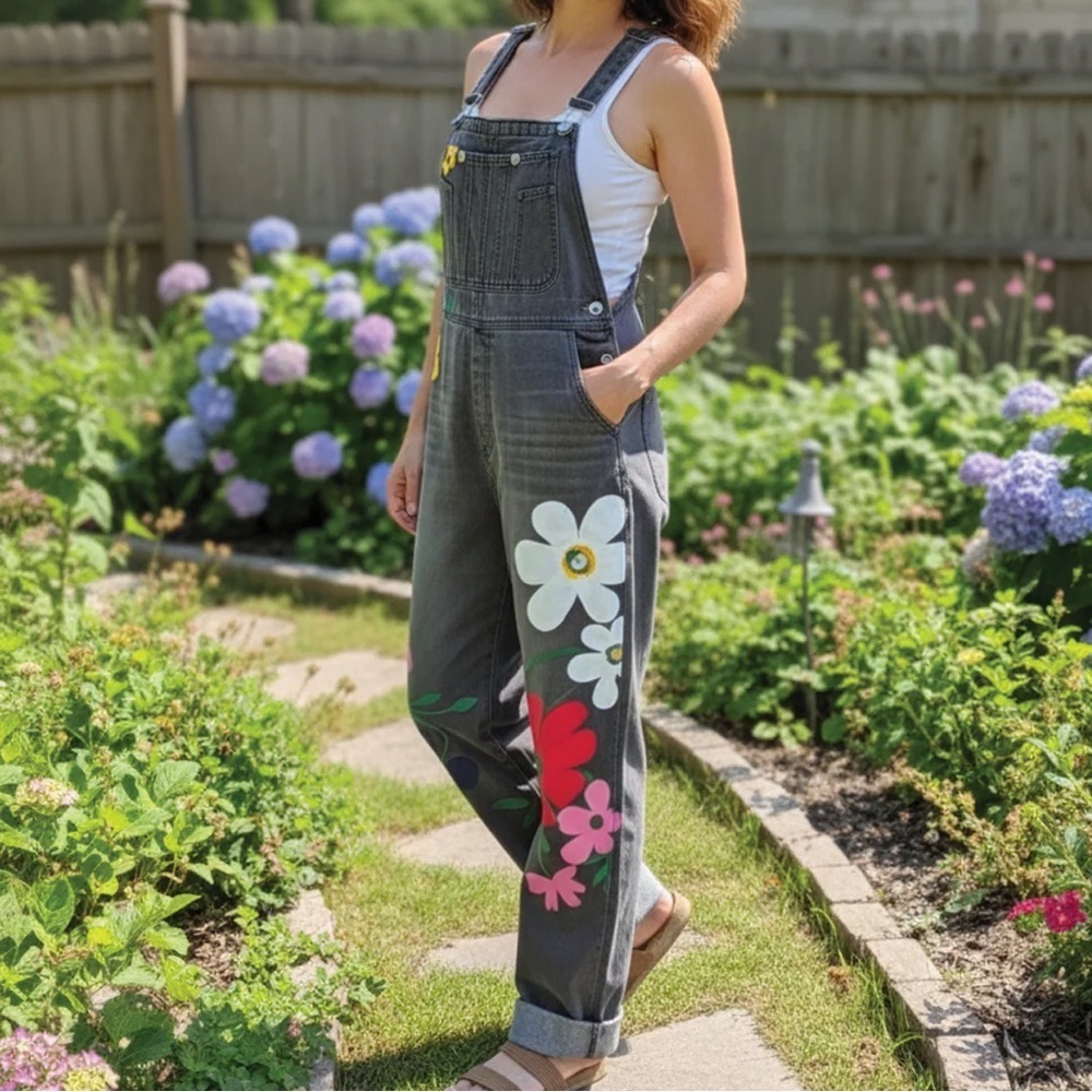 MISSLOOK Gray Denim Overalls with Colorful Floral Appliqués